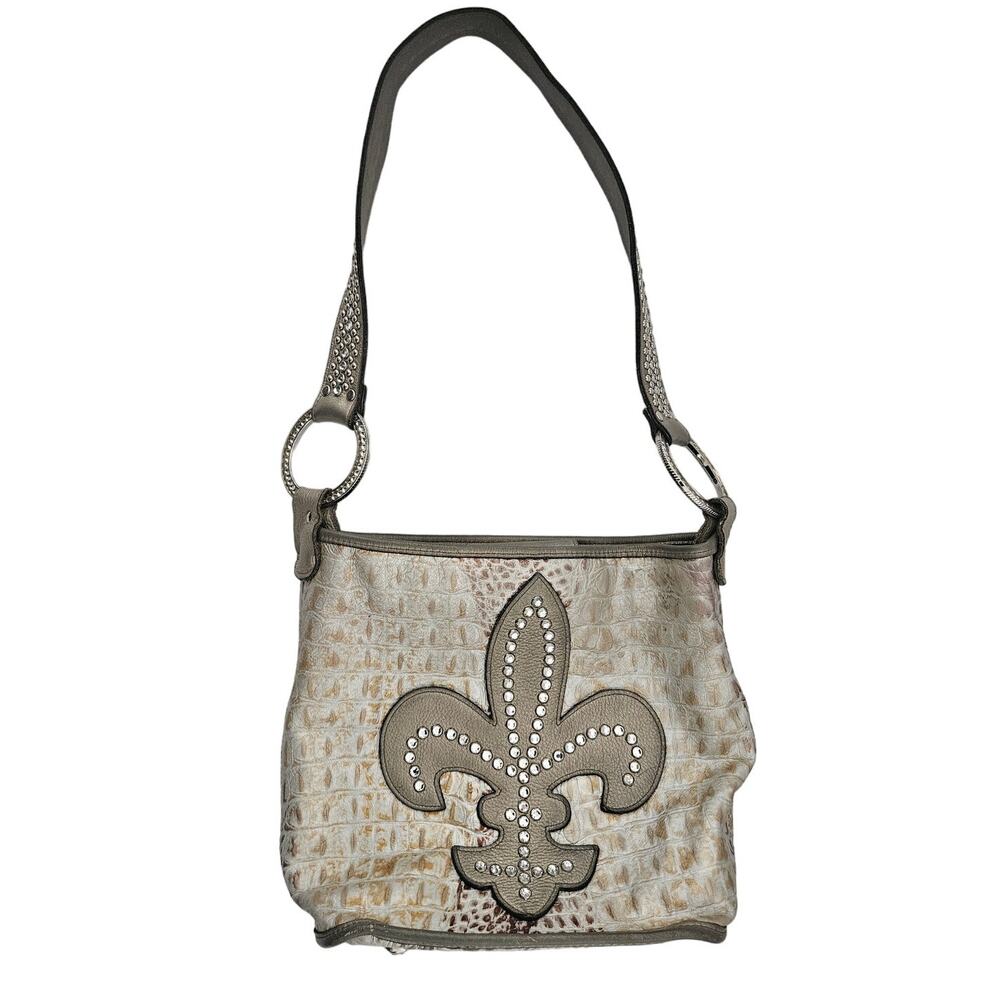 Raviani Multicolor Croc Embossed Leather Fleur De Lis Rhinestone Bucket Bag Stud
